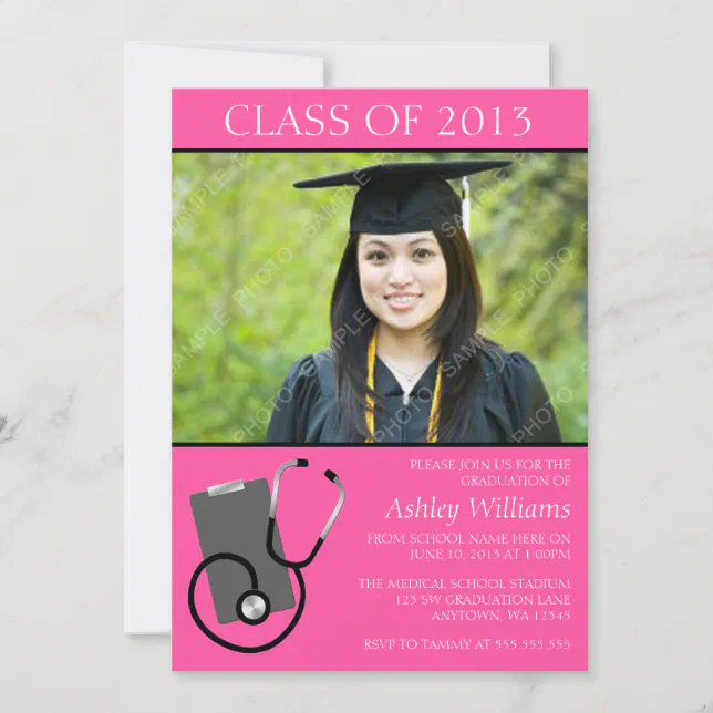 Medical Nursing School Pink Photo Graduation Invitation | Zazzle