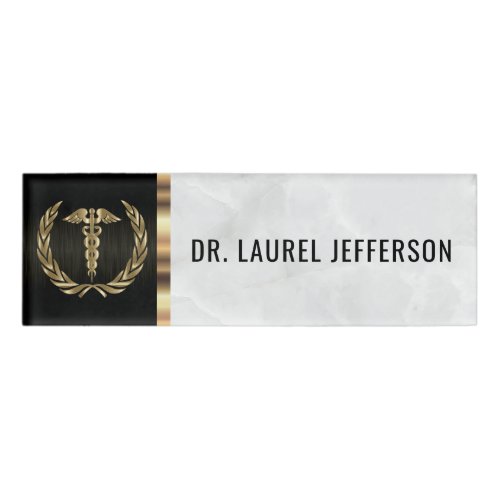 Medical Office Staff _ White Marble Black  Gold Name Tag