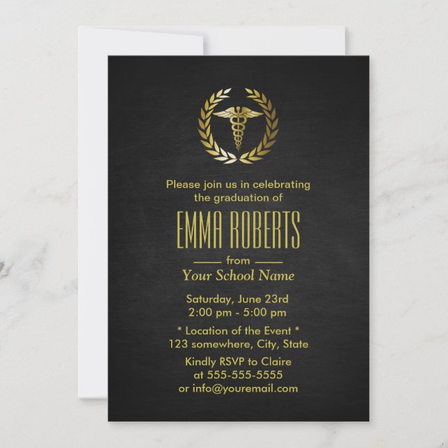 Medical or Nursing School Black & Gold Graduation Invitation (Front)