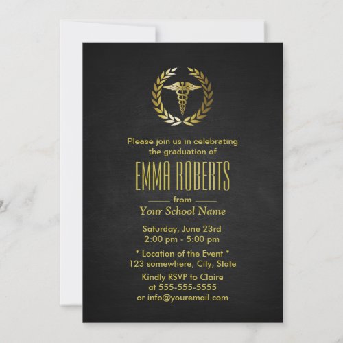 Medical or Nursing School Black &amp; Gold Graduation 5x7 Paper Invitation Card
