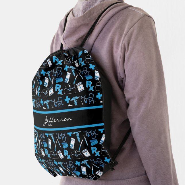 Medical Pattern - Blue Drawstring Bag (Insitu)