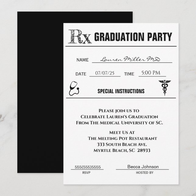 Medical Prescription Pad Graduation Invitation (Front/Back)