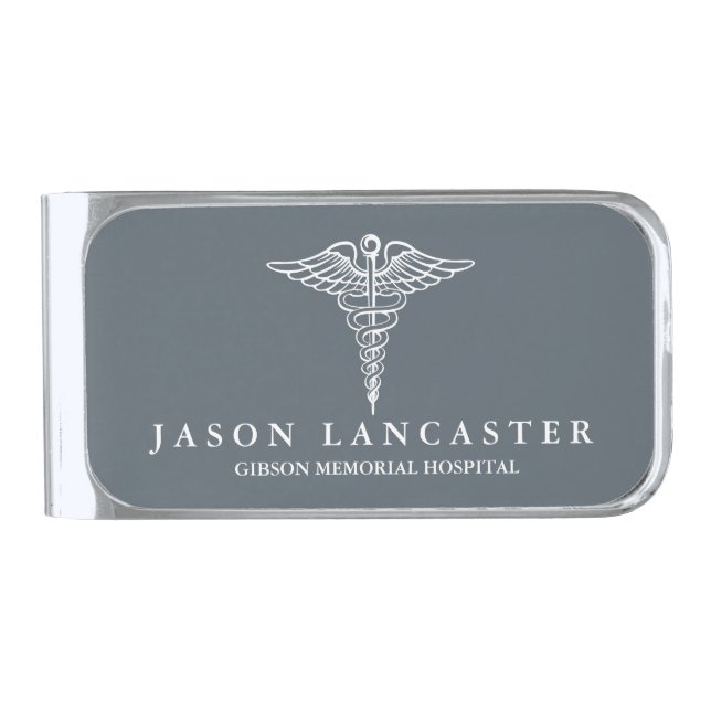 Medical Professional Custom Name Slate Grey Silver Finish Money Clip (Front)