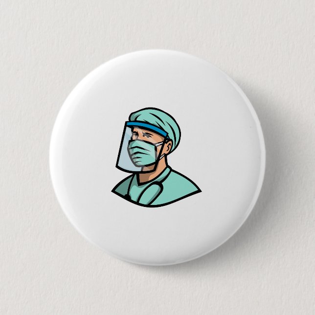 Medical Professional Wearing Face Mask Mascot Button (Front)