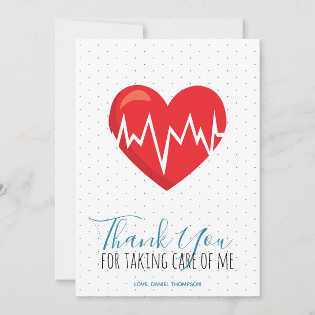 Medical Red Heart Blue Script Custom Nurse Doctor Thank You Card (Front)