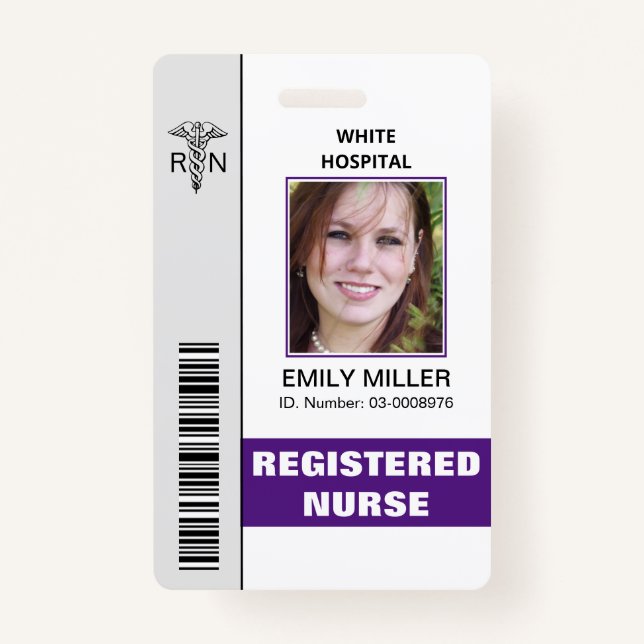 Medical RN employee caduceus purple photo template Badge (Front)