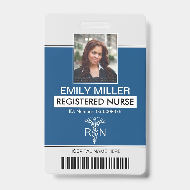 Medical RN employee classic blue photo template Badge (Front)