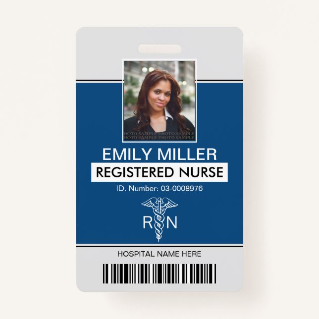 Medical RN employee classic blue photo template Badge (Front)