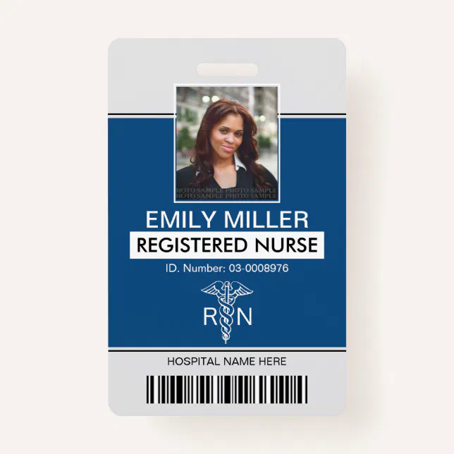 Medical RN employee classic blue photo template Badge | Zazzle