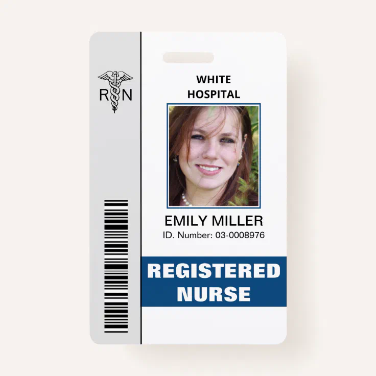 Medical RN employee classic blue photo template Badge | Zazzle