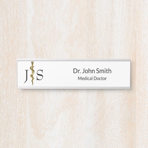 Medical Rod of Asclepius Gold on White Classy Door Sign