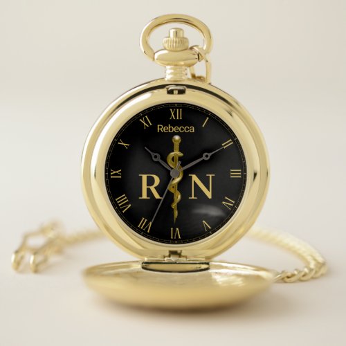 Medical Rod of Asclepius Gold Registered Nurse RN Pocket Watch