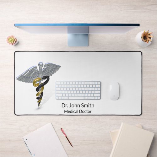 Medical Rod of Silver Caduceus Black Gold Desk Mat