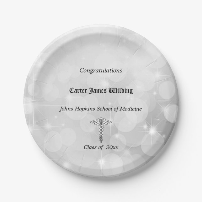 Medical School Graduation, Caduceus , Silver Paper Plates (Front)