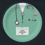 Medical School Graduation Party Paper Plate<br><div class="desc">Unique medical school graduation party plates featuring creative hospital scrubs,  stethoscope and funny Swiss Army knife. Edit text to add name of doctor.</div>