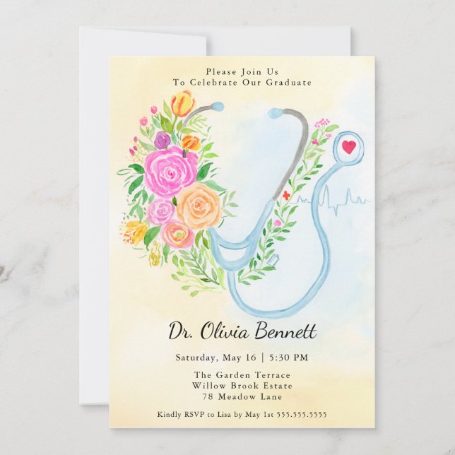 Medical School Graduation Roses with Stethoscope  Invitation (Front)