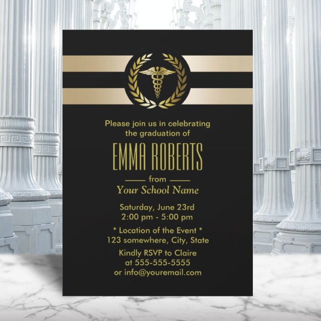 Medical School Modern Black & Gold Graduation Invitation (Creator Uploaded)