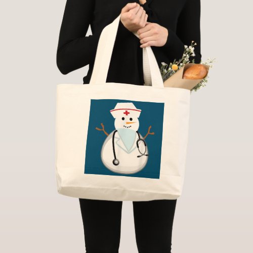 Medical Scrub Top Nurses Hat Wearing Snowman  Large Tote Bag