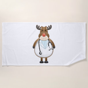 Medical Scrub Top Reindeer Nurse with Stethoscope Beach Towel
