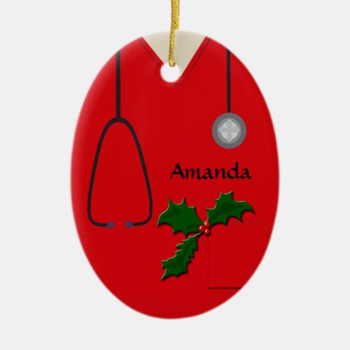 Medical Scrubs Red Holly Oval Ornament
