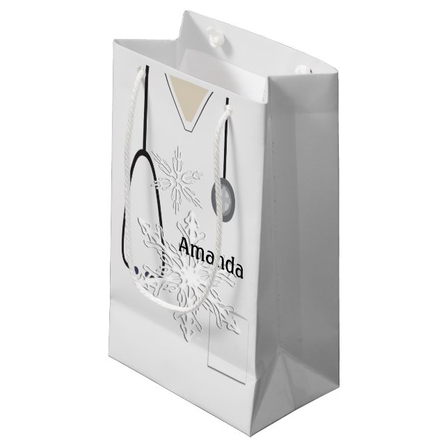 Medical Scrubs White Snowflake SGB Small Gift Bag (Front Angled)