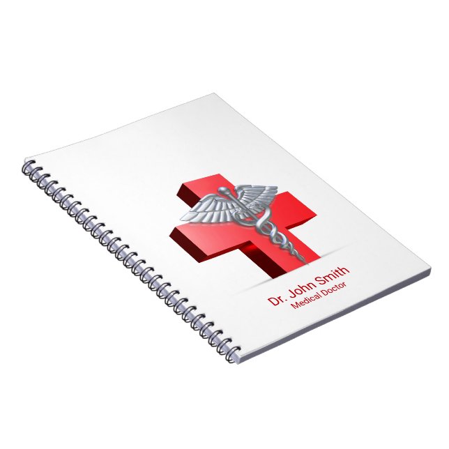 Medical Silver 3D Caduceus Cross Red Notebook (Right Side)