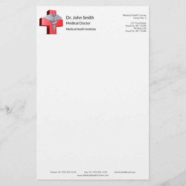 Medical Silver 3D Caduceus Cross Red Stationery (Front)