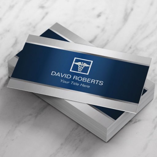 Customizable Medical Silver Border Elegant Navy Blue Metallic Business Card