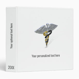 Medical Silver Caduceus Black Gold 3 Ring Binder