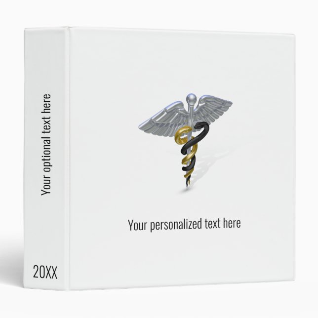 Medical Silver Caduceus Black Gold 3 Ring Binder (Front/Spine)