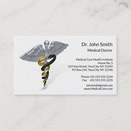 Medical Silver Caduceus Black Gold _ Business Card