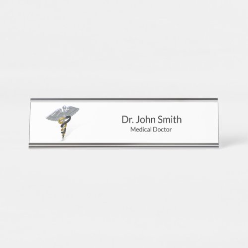 Medical Silver Caduceus Black Gold Desk Name Plate