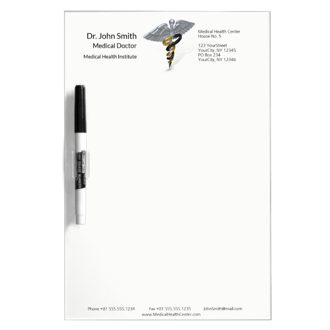Medical Silver Caduceus Black Gold Dry Erase Board (Front)