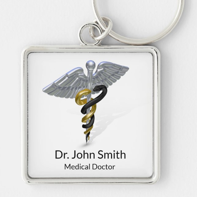 Medical Silver Caduceus Black Gold - Keychain (Front)