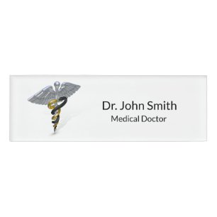 Medical Silver Caduceus Black Gold - Name Tag
