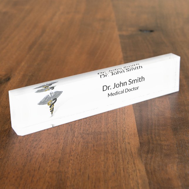 Medical Silver Caduceus Black Gold - Nameplate (Side)