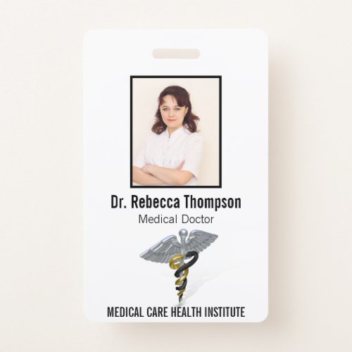 Medical Silver Caduceus Black Gold Photo ID Badge