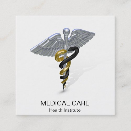 Medical Silver Caduceus Black Square Business Card