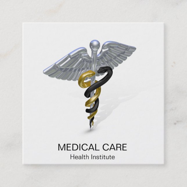 Medical Silver Caduceus Black Square Business Card (Front)