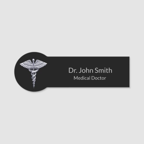 Medical Silver Caduceus Classy on Black Name Tag