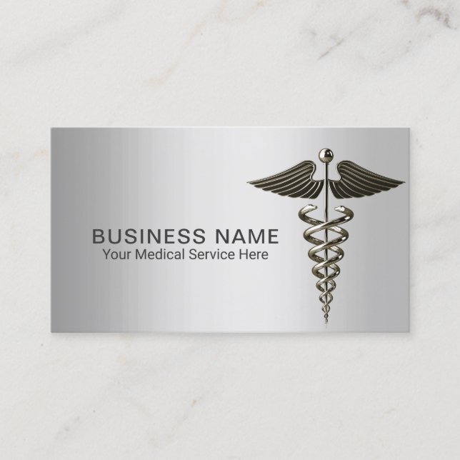 Medical Silver Caduceus Elegant Metal Business Card (Front)