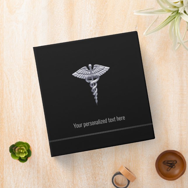 Medical Silver Caduceus on Black Classy  3 Ring Binder (In Situ)