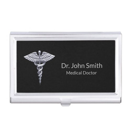 Medical Silver Caduceus on Black Classy Business Card Case