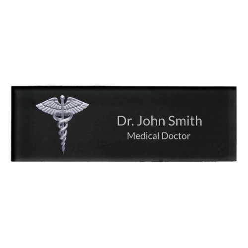 Medical Silver Caduceus on Black Classy Name Tag