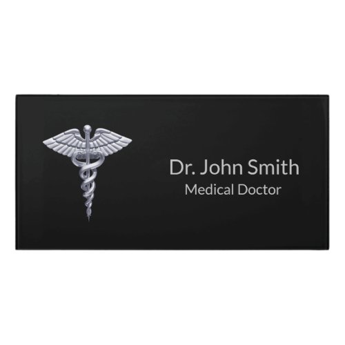 Medical Silver Classy Caduceus on Black Door Sign