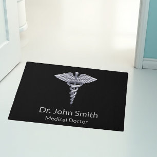 Medical Silver Classy Caduceus on Black Doormat