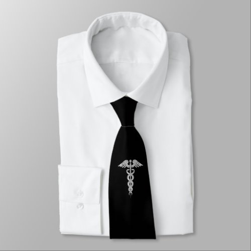 Medical Silver Gray Caduceus on Black Neck Tie
