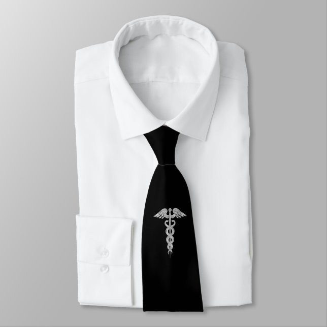 Medical Silver Gray Caduceus on Black Neck Tie (Tied)