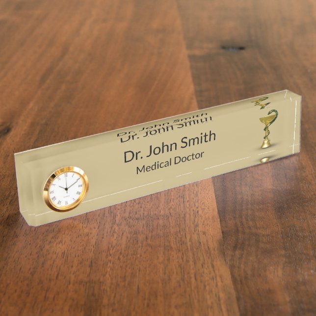 Medical Snake Beige Bowl Hygieia Gold Caduceus Desk Name Plate (Side)