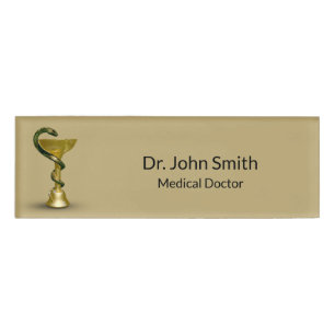 Medical Snake Bowl Beige Hygieia Gold Caduceus Name Tag